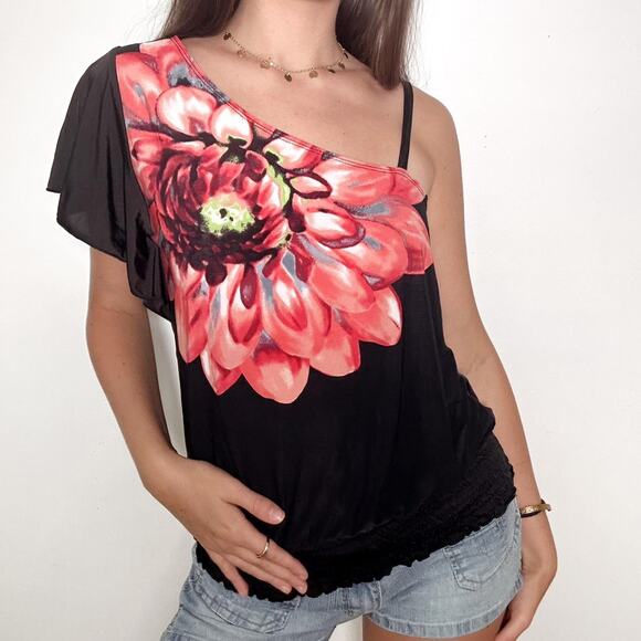 Y2k bcx one shoulder red floral top - Picture 1 of 6